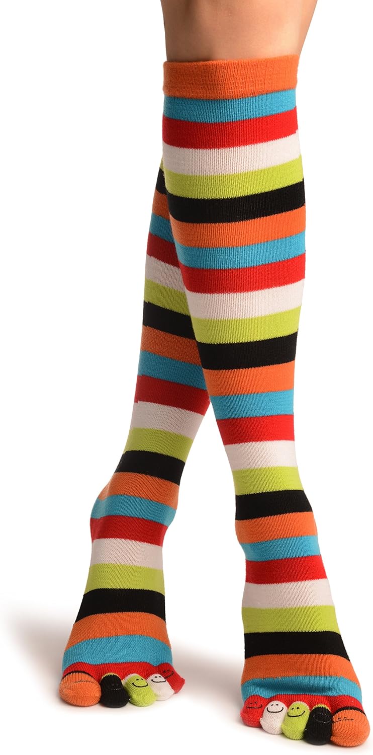 LissKiss Red, Green & Yellow Stripes & Printed Smiles Knee High Toe Socks - Multicolore Calzini con le dita Taglia Unica (37-42