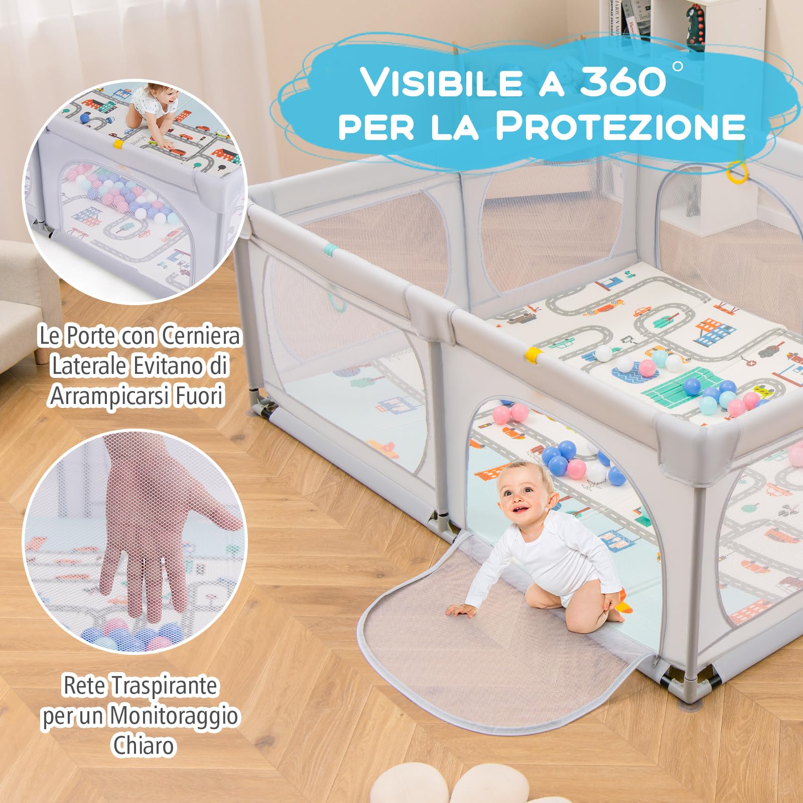 RELAX4LIFE Recinto Bambini 189 x 158 cm con Base a Ventosa, Materassino Pieghevole, Box Giochi, 4 Anelli e 50 Palline, 2 Entrate Laterali, Tasca Portaoggetti e Borsa Trasporto, Rete Traspirante