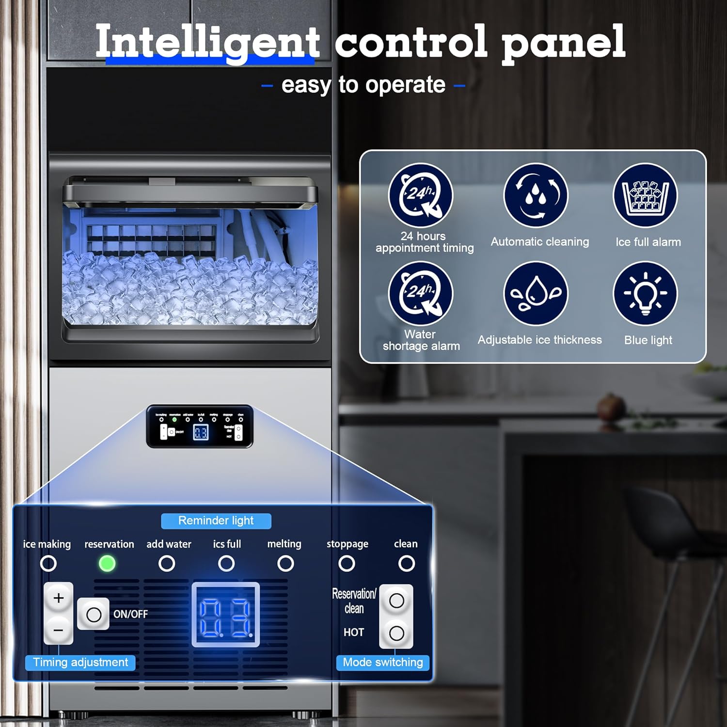 Commercial Ice Maker Machine 130LBS/24H, 45Ice Cubes/Cycle Freestanding & Undercounter Stainless Steel Ice Maker with 22LBS Storage, 2 Water Inlet Modes,Self-Cleaning for Homes,Bars,Restaurants