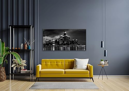Miniatura 6 de NAN Wind Detroit Skyline - Lienzo decorativo para pared, paisaje urbano, escena nocturna, impresión artística de ciudad en blanco y negro sobre
