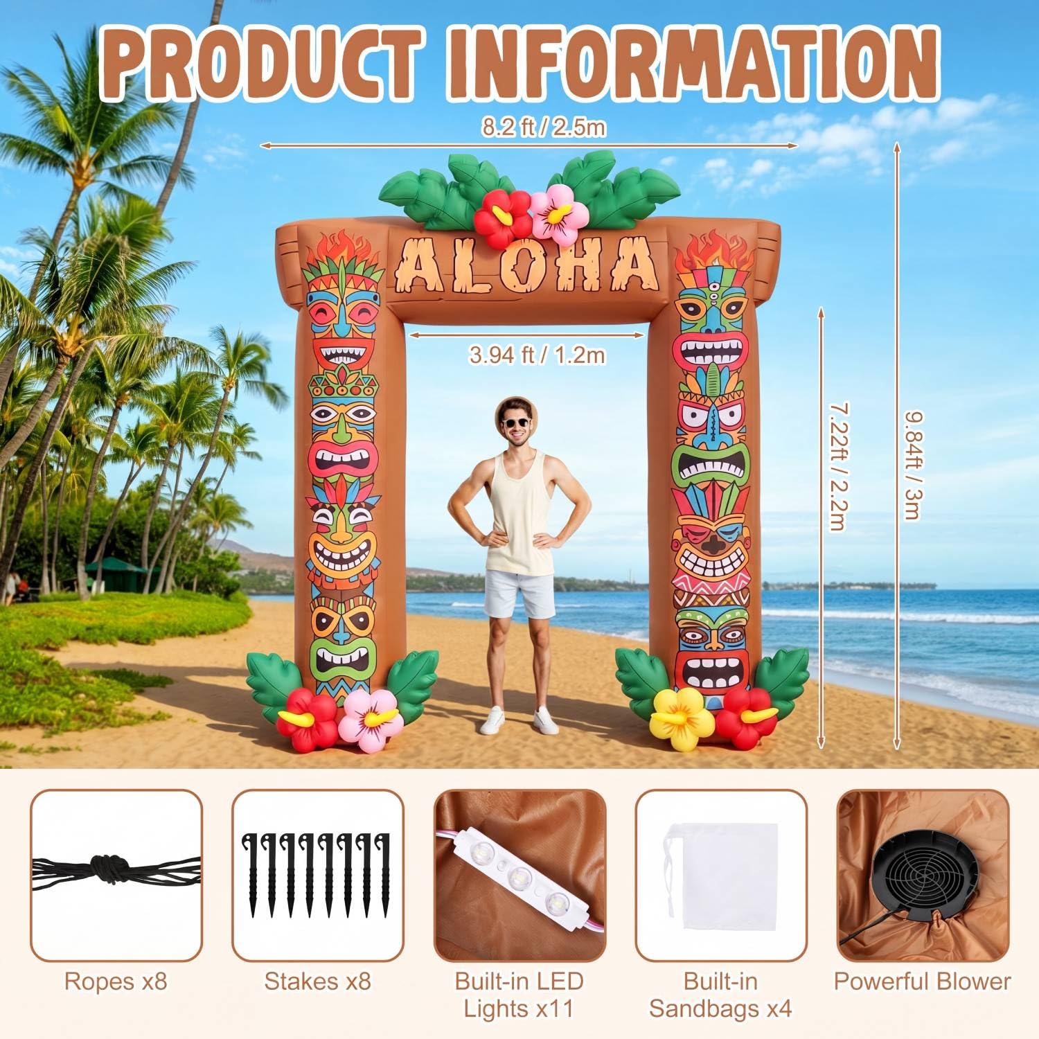 Sosation 3 m gonfiabile Tiki hawaiano Luau decorazioni per feste illuminate estive gonfiabili tropicali Aloha arco all'aperto grande esplosione Hawaii festa di compleanno decorazione per Luau Tiki bar