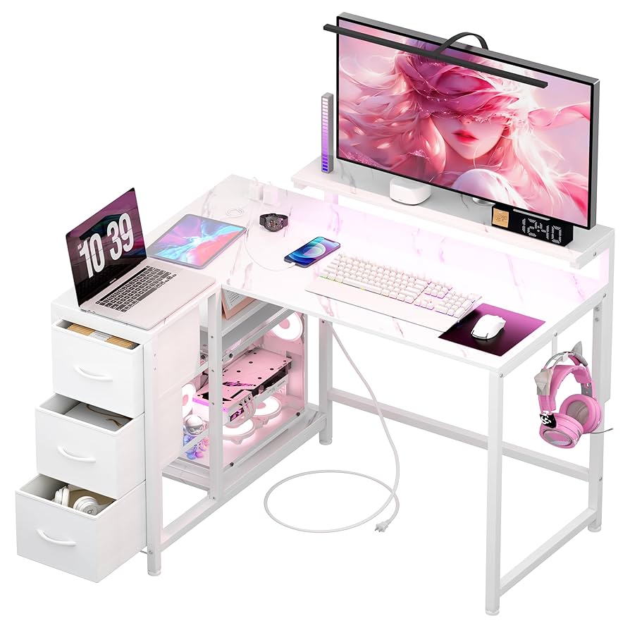 【2333-129-90】パソコンデスク 幅108×奥行80 L字 Amazon | LunarLight PCパソコンデスク 幅108奥行80高さ85-108.5