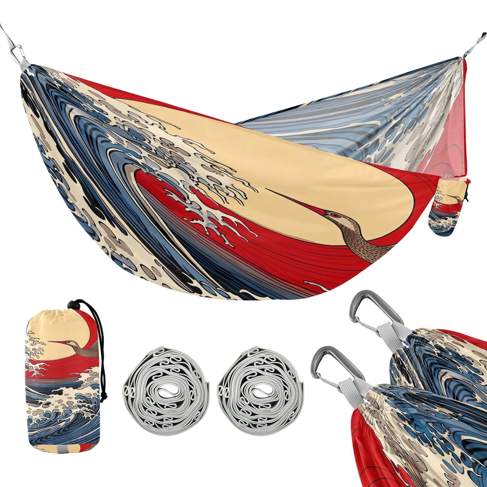 Haskirky Sea Waves Camping Hammock, Single Portable Hammocks with Tree Straps & Attached Carry Bag, 330Lbs Capacity Perfect for Outside Indoor Hiking Beach Backpack Travel