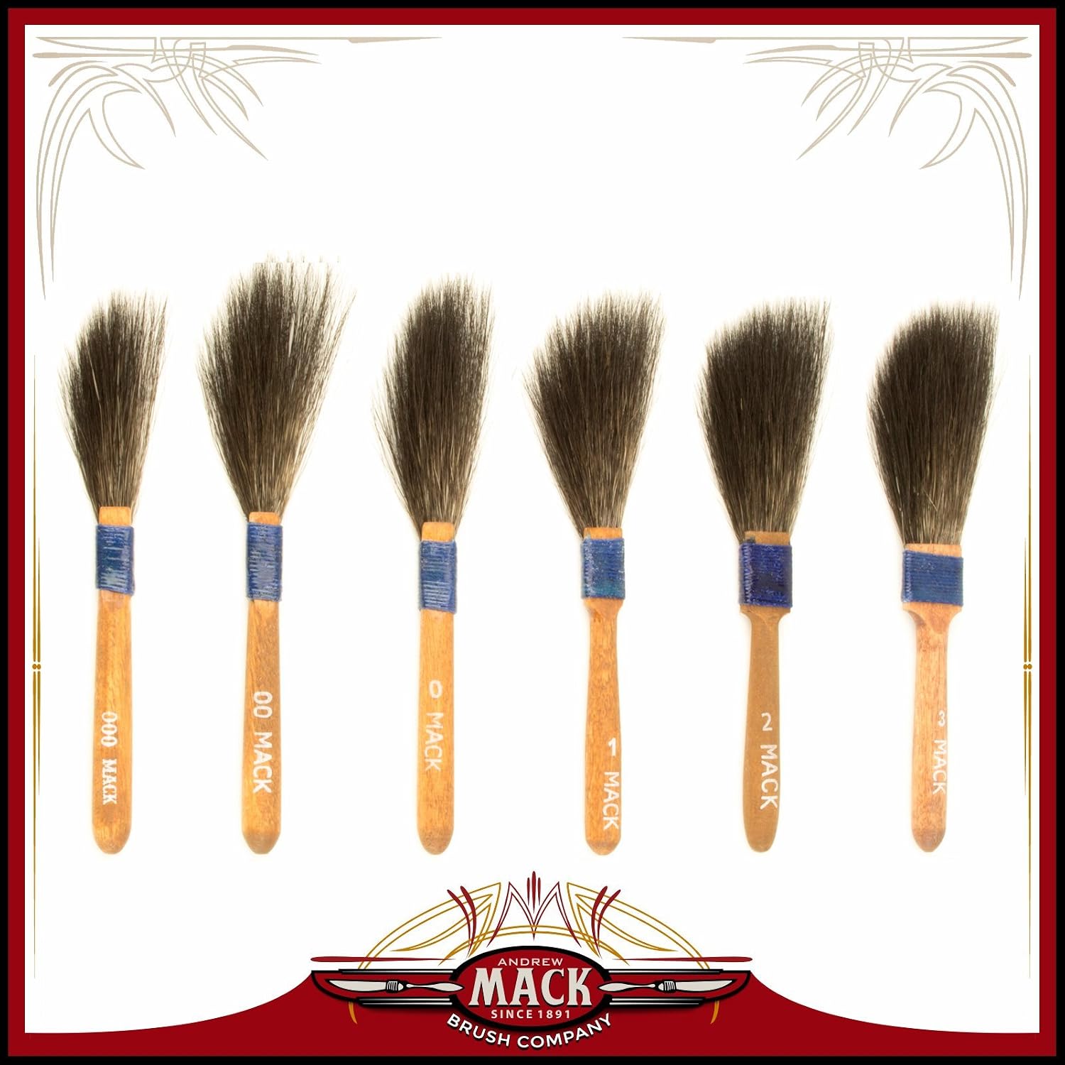 (6) Andrew Mack Brush Sword Striping Series 10 Sizes 000-3 Pinstriping Brushes