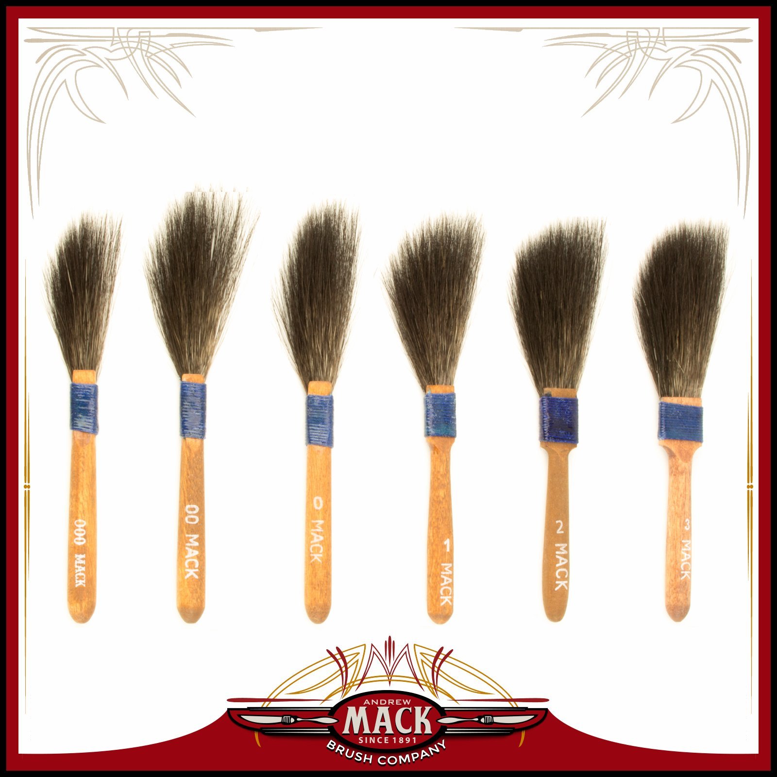 (6) Andrew Mack Brush Sword Striping Series 10 Sizes 000-3 Pinstriping Brushes