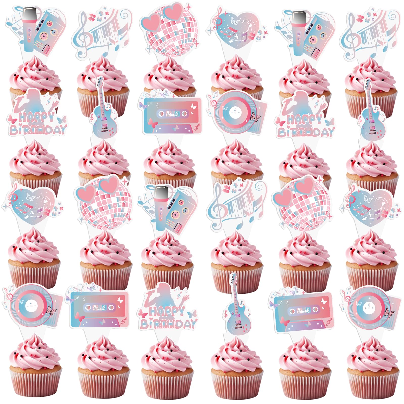 iPartyGo Popular Cake Topper Set - 24 PCs Super Star Happy Birthday Era Cupcake Toppers Set Decor Pink Blue Cake Decorations Guitar Theme Party