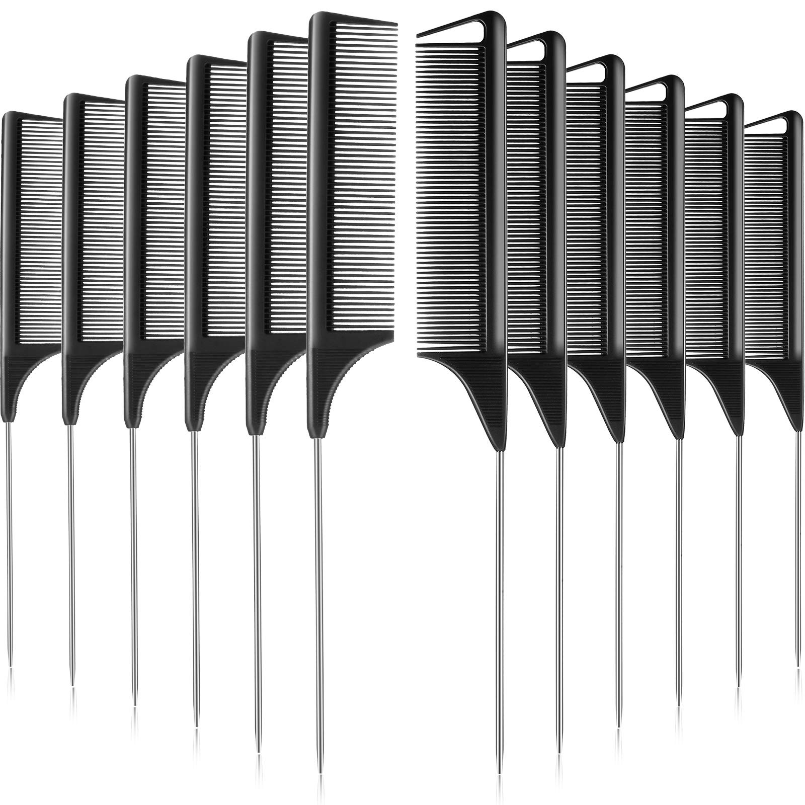 Patelai 12 Pcs Rat Tail Comb with Metal Pick, Carbon Fiber, Fine Tooth