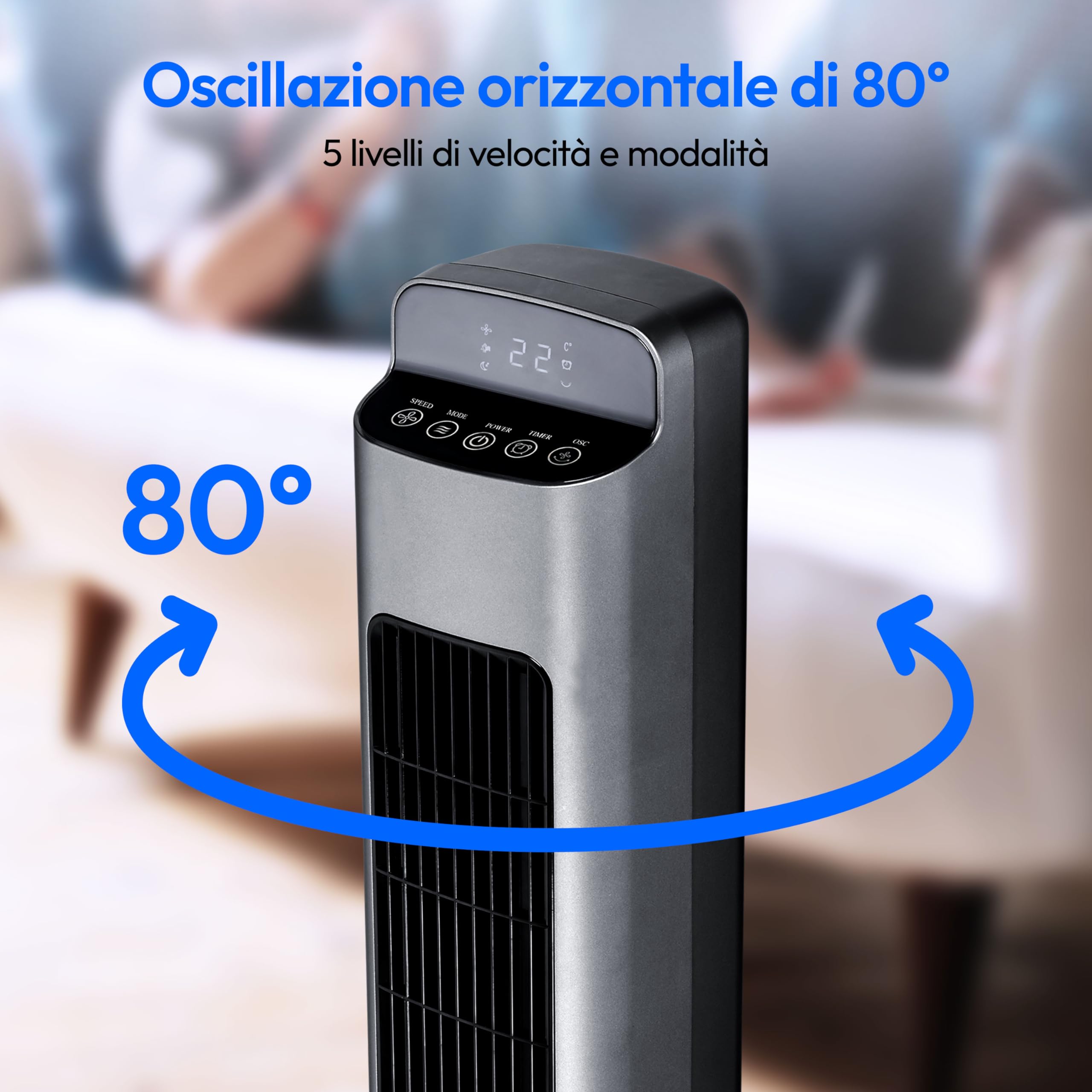 MEDION Ventilatore a torre MD10809, Ventilatore silenzioso con 5 livelli di velocità, Ventilatore portatile con telecomando, Ventilatore a colonna con rotazione di 80 gradi