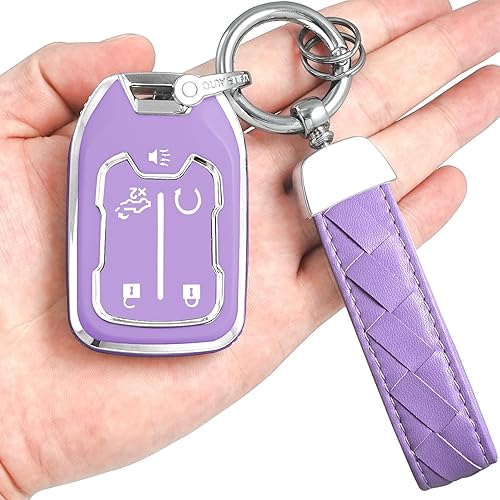 Miniatura 7 de Funda para llavero GMC con llavero de cuero, TPU suave de 6 botones, compatible con llave de automóvil Chevrolet Suburban Tahoe Yukon (morado)