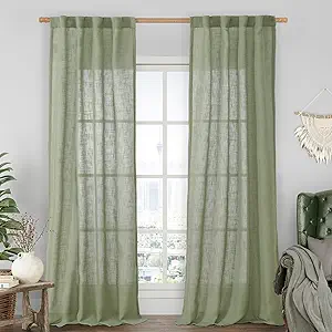 LAMIT Sage Green Linen Boho Curtains 84 inch Length 2 Panels, Light Filtering Semi Sheer Panels Back Tab and Rod Pocket Neutral Panels for Bedroom/Living Room, 34 x 84 Inch