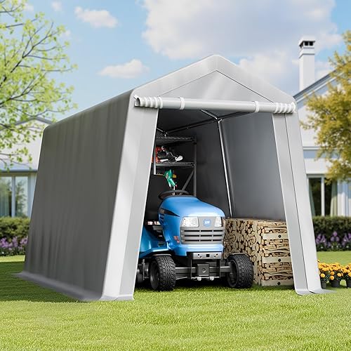 Vista 101 de VEVOR - Cobertizo portátil de almacenamiento exterior de 6 x 8 x 7 pies, refugio resistente e impermeable con puerta enrollable con cremallera y Gris