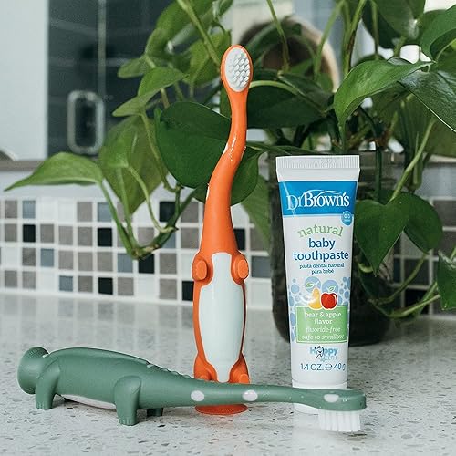 Miniatura 8 de Dr. Brown's Cepillo de dientes para bebés y niños pequeños, dinosaurio verde y naranja, paquete de 2, de 1 a 4 años, y funda de boquilla de baño