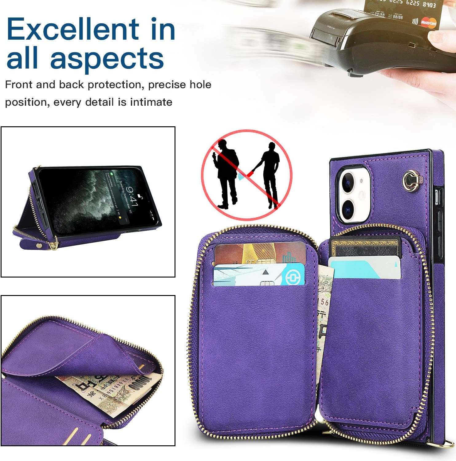 Asuwish Phone Case for iPhone 11 6.1 Wallet Cover with Screen Protector and Zipper Card Holder Slot Stand Leather Flip Cell Accessories iphone11case iPhone11 i Phone11 11s XI 11R Women Men Purple