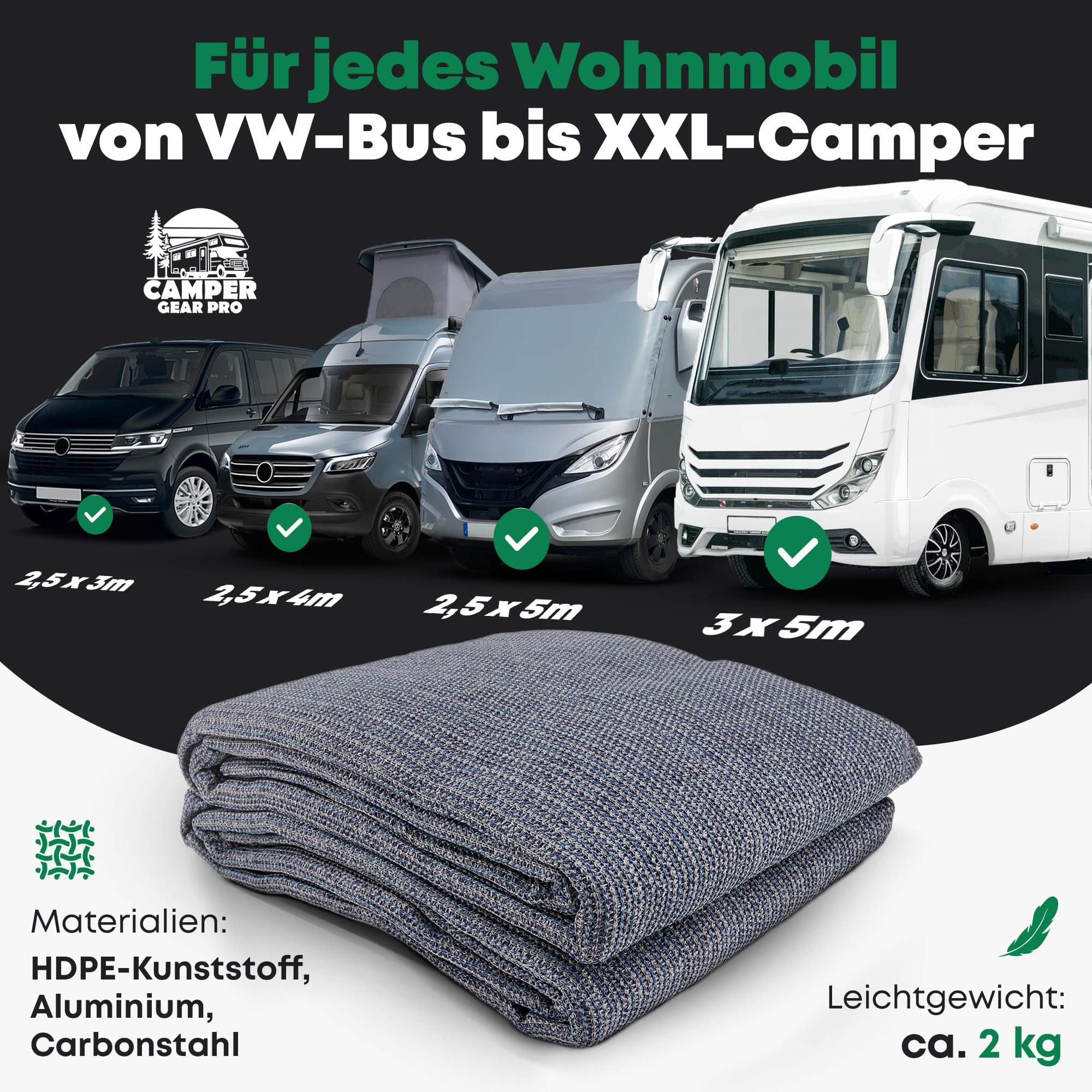 Vorzeltteppich mit Profi Heringen [Extrem Stabil] | Camping Teppich Outdoor – Zeltteppich, Markisenteppich für Wohnwagen, Wohnmobil & Zelt – Jetzt Größe wählen
