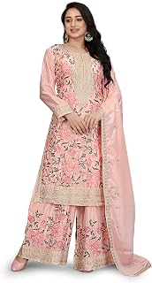 Miss Ethnik Women's Light Pink Chinon Stitched Top With Bottom and Dupatta Full Sleeve Embroidered Kurta Palazzo Set (ME-1264 Price In India