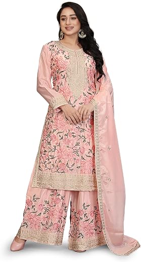 Miss Ethnik Women's Light Pink Chinon Stitched Top With Bottom and Dupatta Full Sleeve Embroidered Kurta Palazzo Set (ME-1264