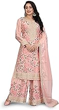 Miss Ethnik Women's Light Pink Chinon Stitched Top With Bottom and Dupatta Full Sleeve Embroidered Kurta Palazzo Set (ME-1264
