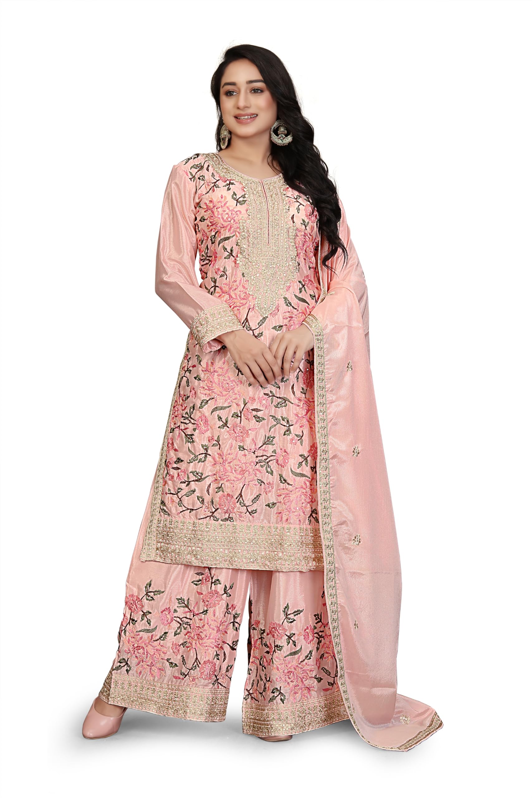 miss ethnik Women's Light Pink Chinon Stitched Top with Bottom and Dupatta Full Sleeve Embroidered Kurta Palazzo Set (ME-1264-picture-31