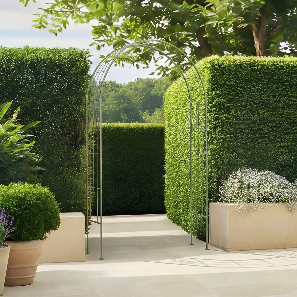 CHARLES BENTLEY Garden Arch, Sage Green, Rustic Metal, Leaf Design, Lightweight, Weather Resistant, Outdoor, Patio, Garden Path, Climbing Plants, Decorative, Freestanding, Easy to Move (211x103cm)