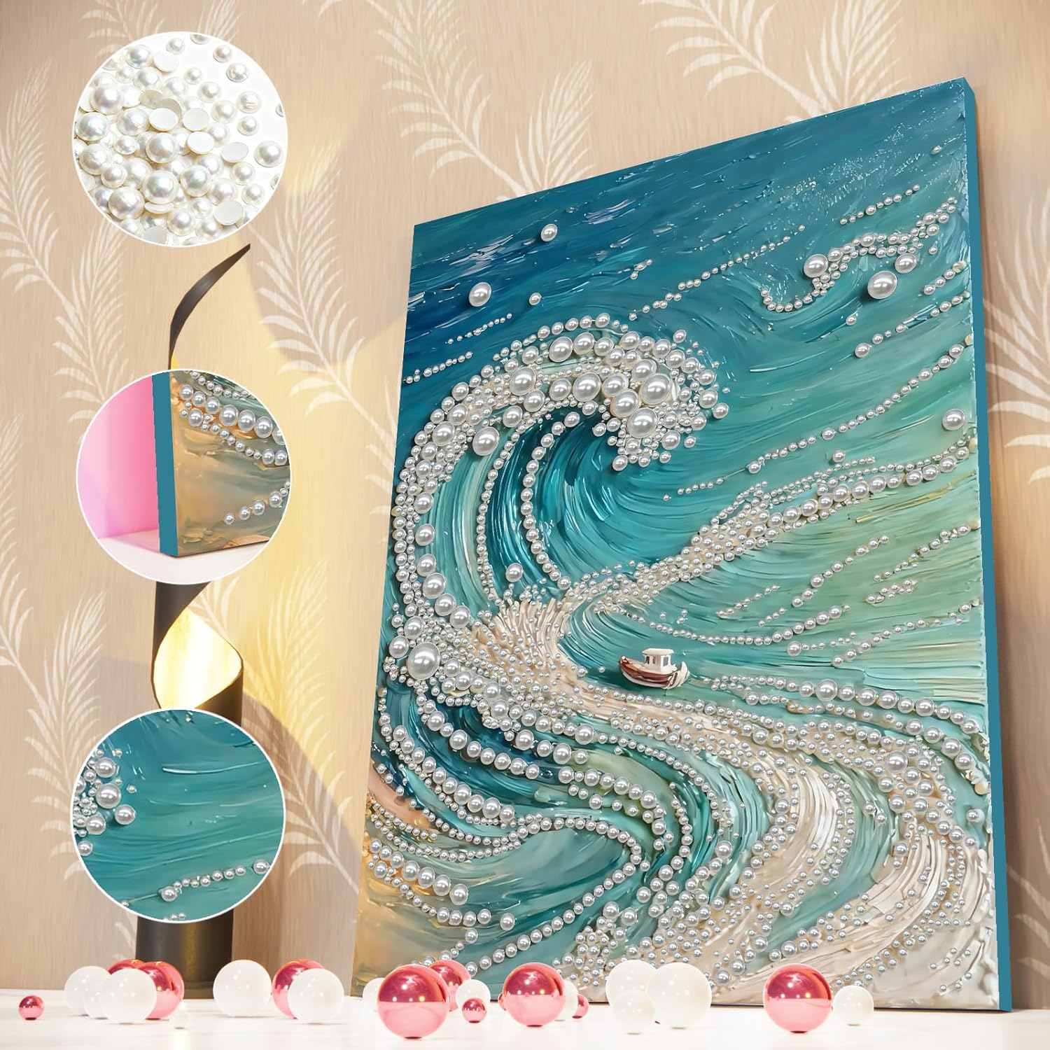 C'eitura Ocean Waves Big Gem Pearl Diamond Art Painting Kit with Frame - 11.81x15.75 Inch Diamond Dots Painting, Nautical Pearl Art Craft for Adults & Beginners, Coastal Home Wall Decor Gift Idea