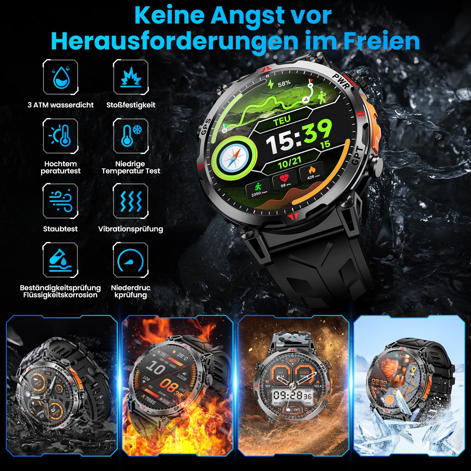 Smartwatch Herren Militärische, 1,56 Zoll mit GPS/GPT-Assistent/Bluetooth AI Zifferblatt/Bluetooth-Anruf/Herzfrequenz/Kompass, 3ATM Wasserdicht, kompatibel mit Android/iOS,100+Fitnessuhr Tracker | Bluetooth-Anruf / Herzfrequenzstress / Schlaferkennung / K