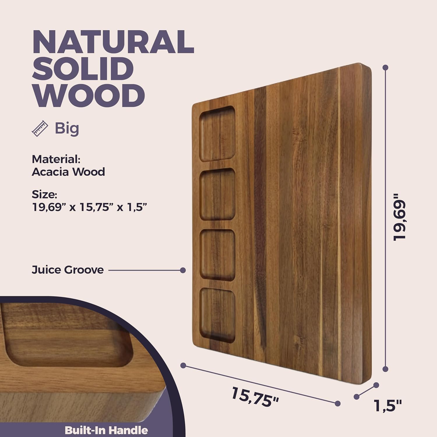 extra large acacia wood cutting board, 1.5 inch thick, reversible with juice groove, butcher block board for meat, vegetables & food prep 19.7"l x 15.8"w