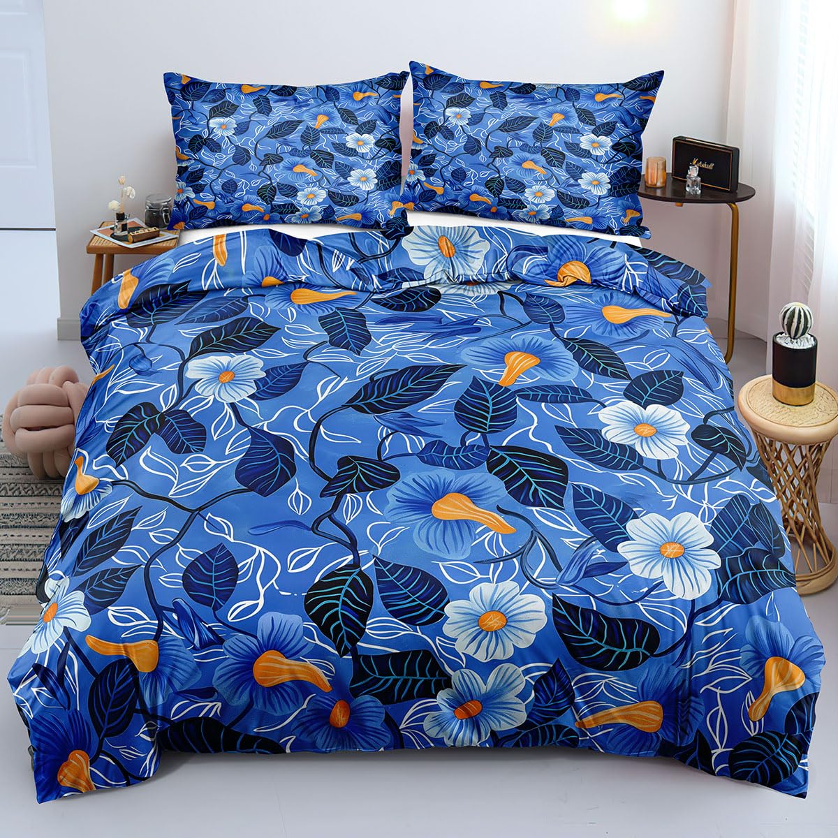 Housse de couette 240x220 bleu motif feuilles avec ses 2 taies d'oreiller