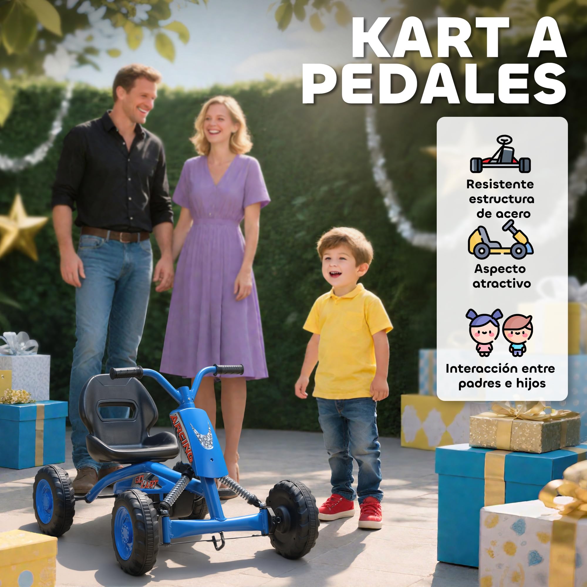 AIYAPLAY Kart Pedales, Go Kart con Ruedas PP, Marco de Acero, Carga 30 kg, para Niños y Niñas de 2-5 Años, Azul