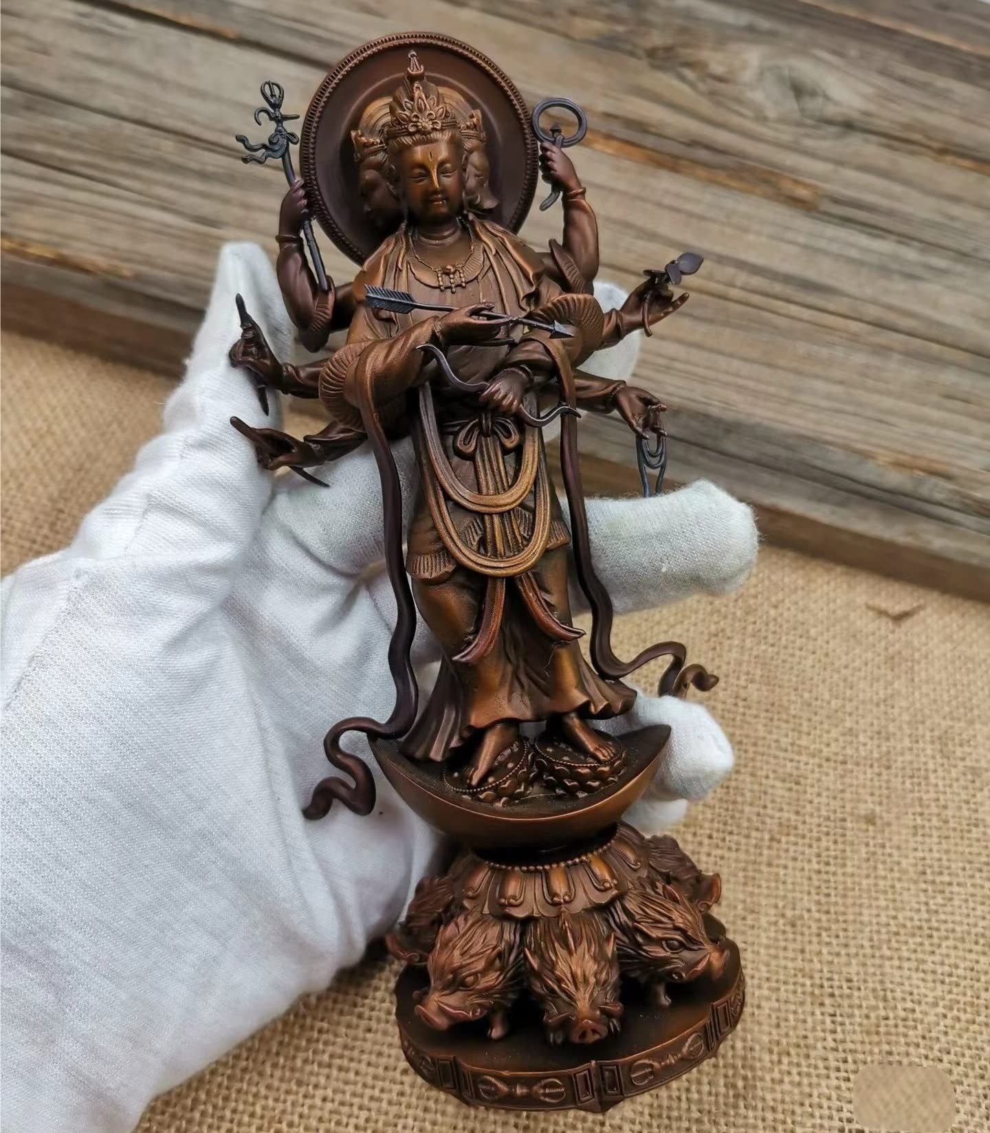 仏像 摩利支天立像 眷属である猪に乗り疾走する 仏像 真鍮材質