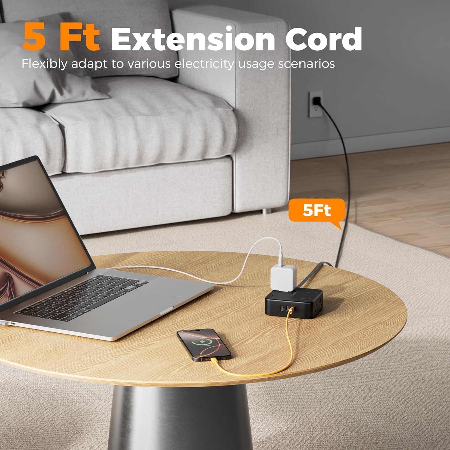 Surge Protector Flat Extension Cord Flat Plug Power Strip, 8 AC Outlets, 3 USB Charger(1 USB C Port) 3-Sided Outlet Extender, 5 Ft, 900 Joules Protection, Office Supplies, Dorm Room Essentials, Grey - imagen 5