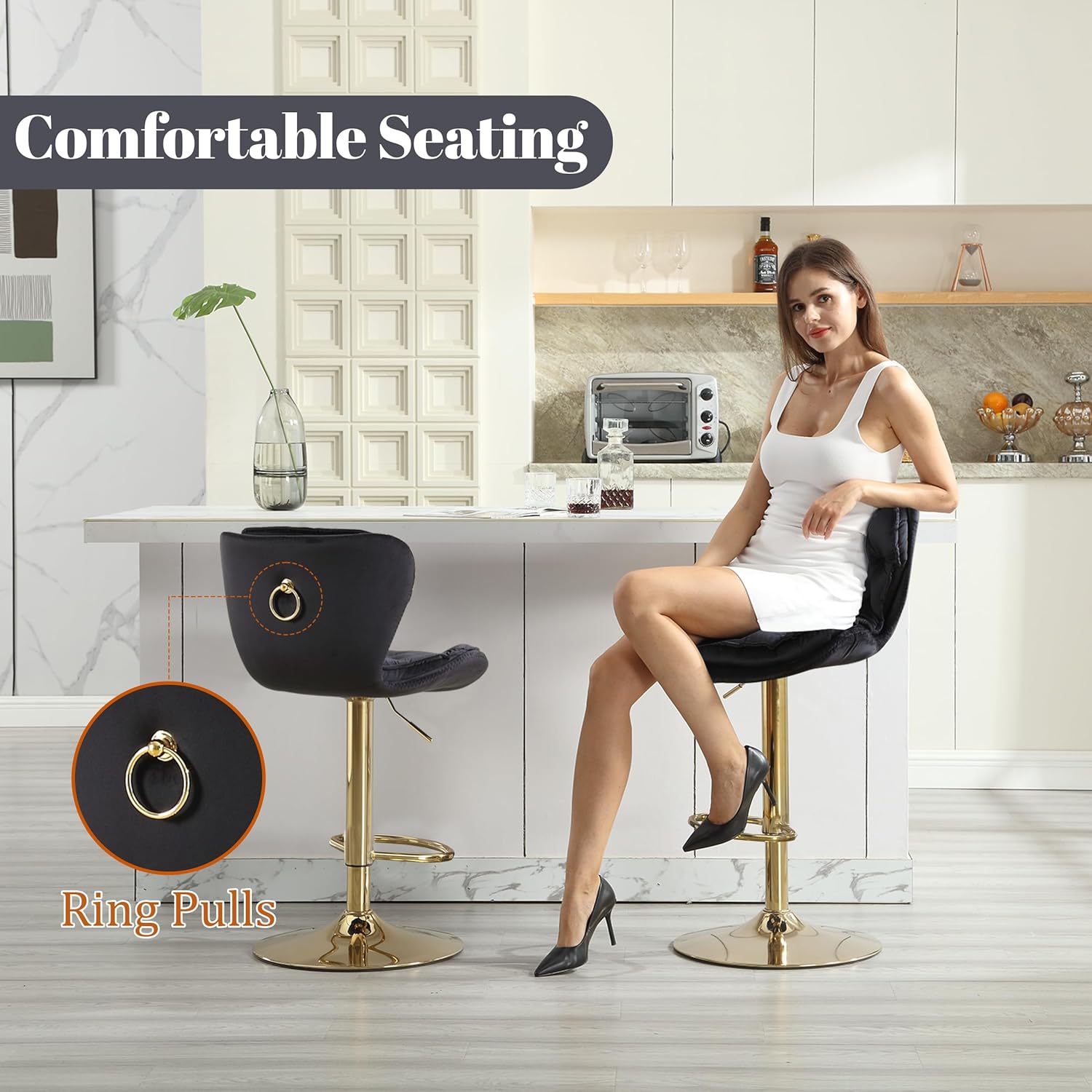 Velvet Tufted Bar Stools, Modern Height Adjustable Swivel Barstools, 360 Degree Counter Chairs with Back & Gold Metal Base for Pub, Kitchen, Cafe (Set of 2, Black)