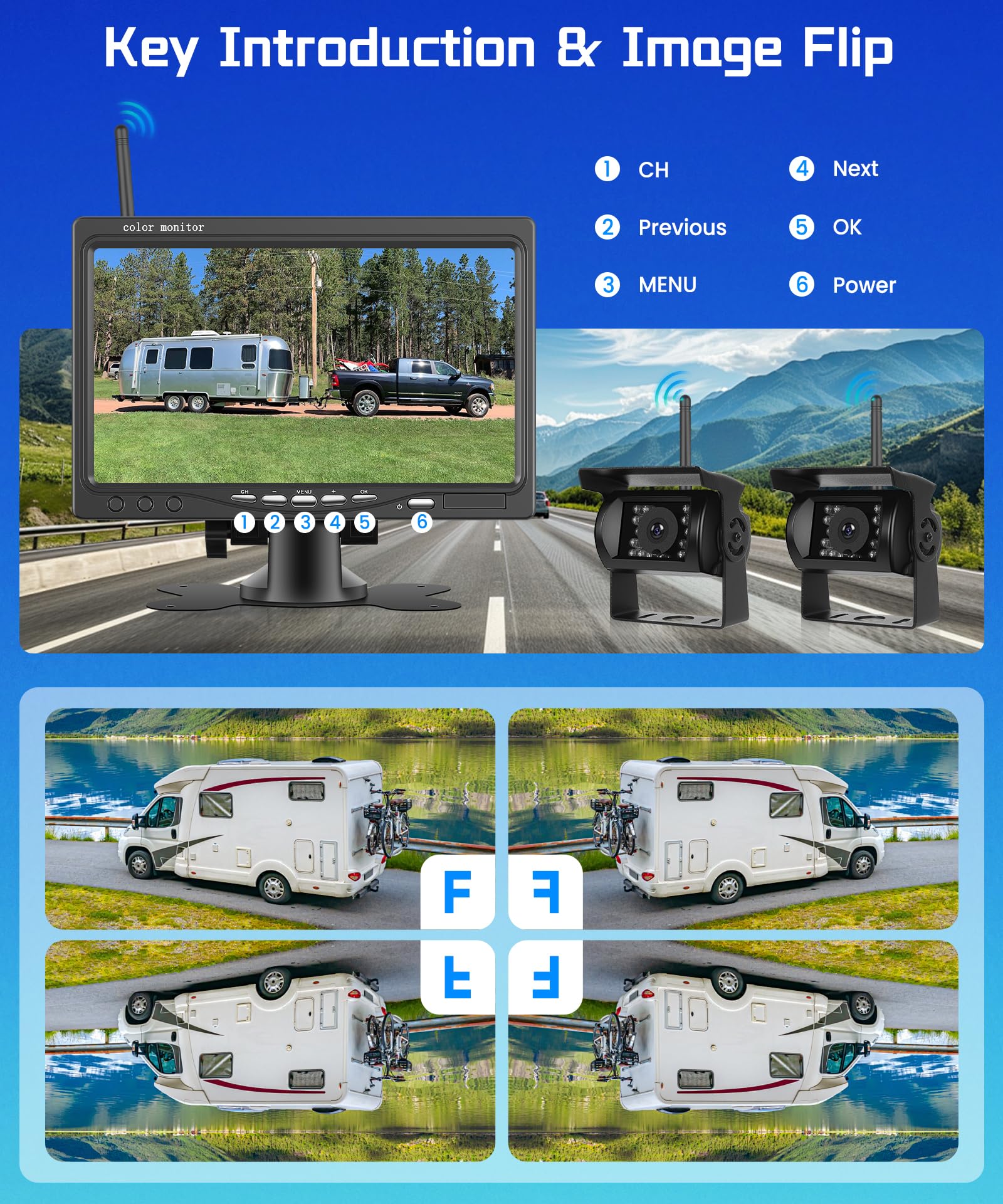 Hodozzy 2 bezprzewodowe cyfrowe kamery cofania z ekranem IPS 7", wodoszczelna IP68, stabilne sygnały cyfrowe, widoczność w nocy 1080p IR, obsługuje BSD / pomoc przy parkowaniu