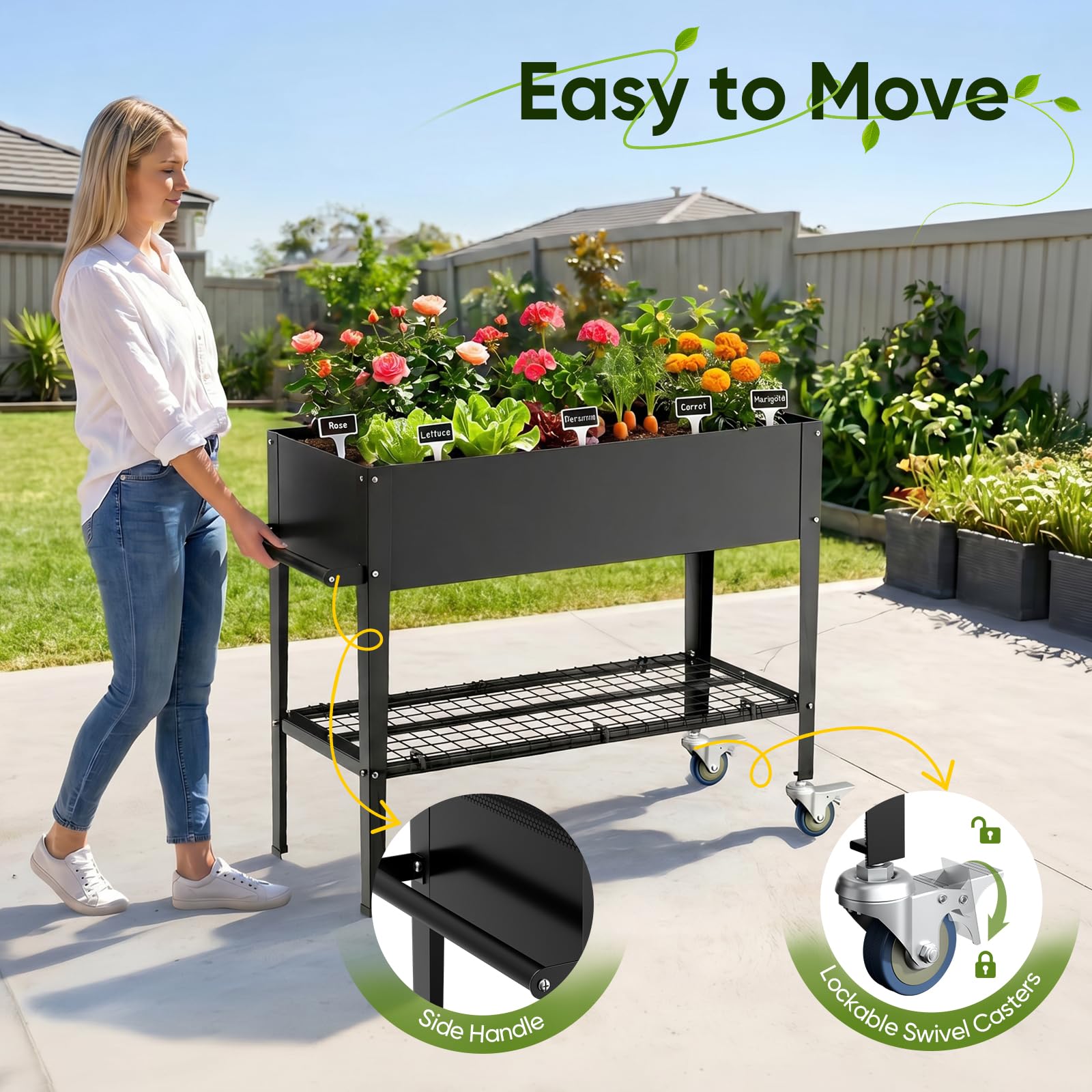 Aiuola rialzata in metallo con ruote e ripiano, 111 x 57 x 79 cm, fioriera da giardino con inserto, fori di drenaggio e attrezzi, aiuola per verdure, vaso per erbe aromatiche per il giardino del