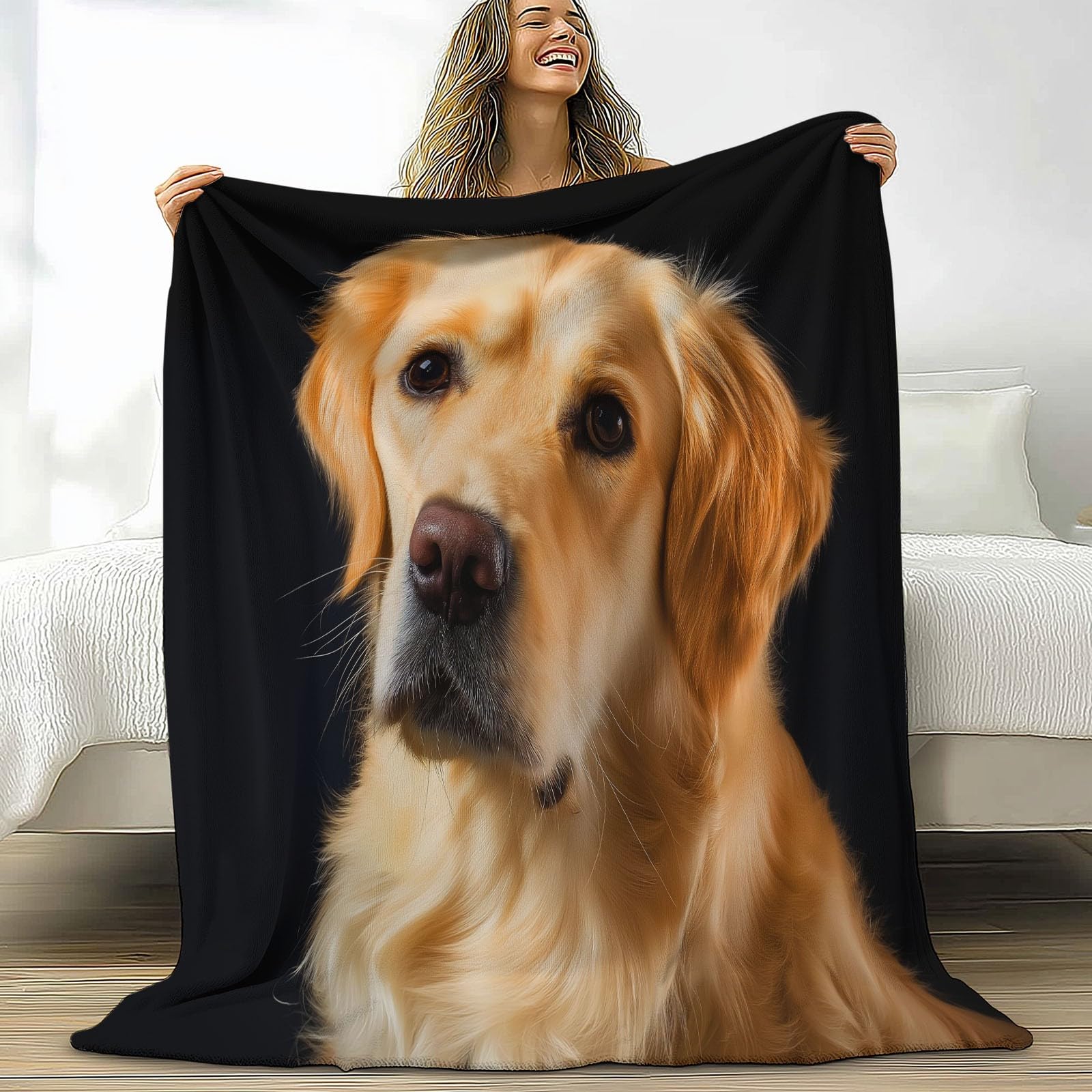 Miękki profesjonalny koc sherpa, 180 x 200 cm, dla dzieci i dorosłych, zwierzę, portret Golden Retriever, flanelowa, hipoalergiczna, ciepła narzuta na łóżko, na krzesło, do salonu, 180 x 200 cm