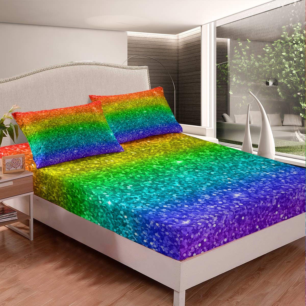 Set Biancheria Letto 6 Pezzi Arcobaleno Glitter Per Ragazze - Viola Galassia