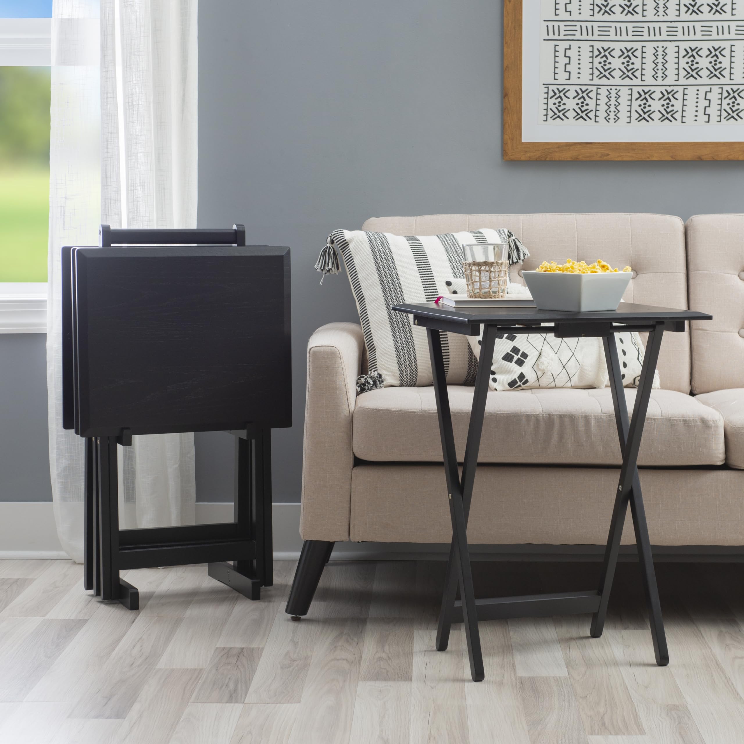 Linon Kearney-Juego de Mesa Plegable de Cinco Piezas con Soporte anidable, Color Negro, Madera de ingeniería, Black