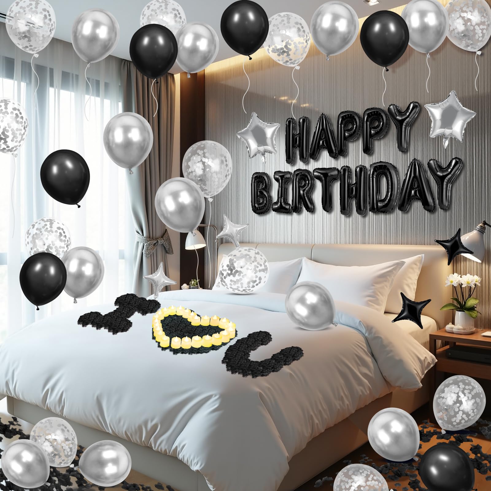 Black Happy Birthday Balloons Decorations Silver and Black Birthday Balloon Letters Banner with 6 Pcs Star Balloons 1000 Artificial Rose Petals 24