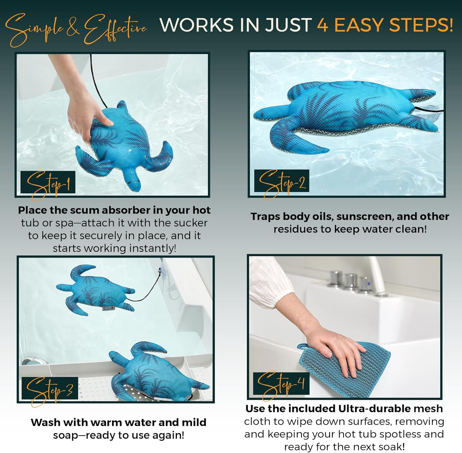 2 Pack Turtle Hot Tub Scum Absorber, Floating Scum Sponge for Spa Hot Tub – Oil Absorbing Hot Tub Scum Sponge with Mesh Cleaning Cloths, Essential Hot Tub Accessories to Help Keep Water Clear