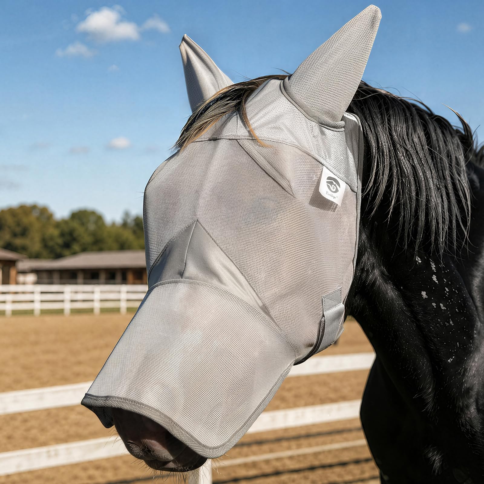 Raelitego Máscara de mosca de caballo con nariz, máscaras ajustables para caballos con orejas, protección UV contra plagas de insectos, malla cómoda sin nariz, tamaño medio, accesorios para caballos