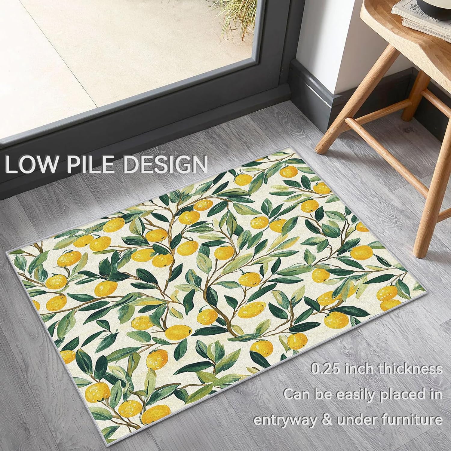 Tropical Lemon Throw Rug 2x3, Washable Yellow Fruit Rugs for Entryway Bedroom Kitchen, Farmhouse Area Rug for Home Decor, Non Slip Backing Indoor Floor Mat Carpet - 2 x 3 ft