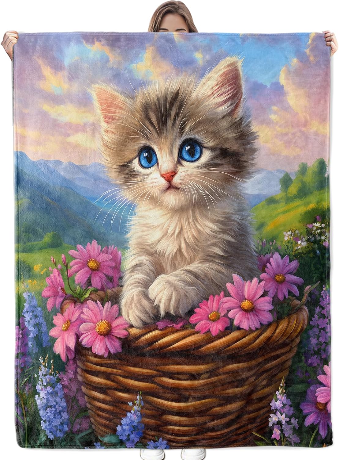 Lovely Cat with Flowers Blanket Soft Cozy Throw Blanket for Adults Women Kids - Warm Yet Lightweight Flannel Blankets for Travel, Couch, Bed, Fuzzy Outdoor Comfort Wrap 60"×50"