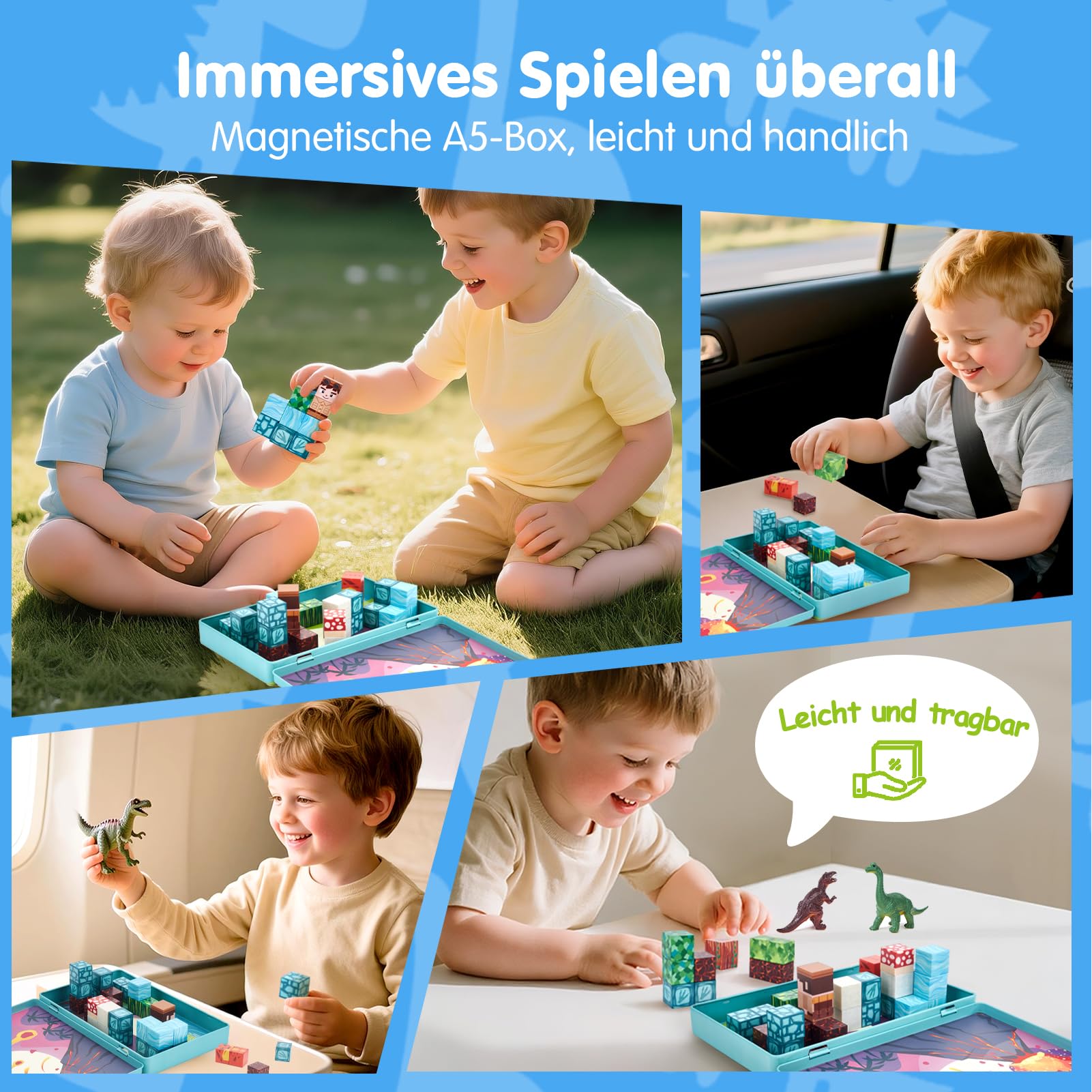 hahaland Mini Magnetische Bausteine ab 3 Jahre, A5 Reiseset mit 48 Magnetic Building Blocks & 2 Dino-Figuren, STEM Montessori Spielzeug ab 3-5 für Auto Unterwegs, Magnetbausteine ab 3 Jahre Geschenke