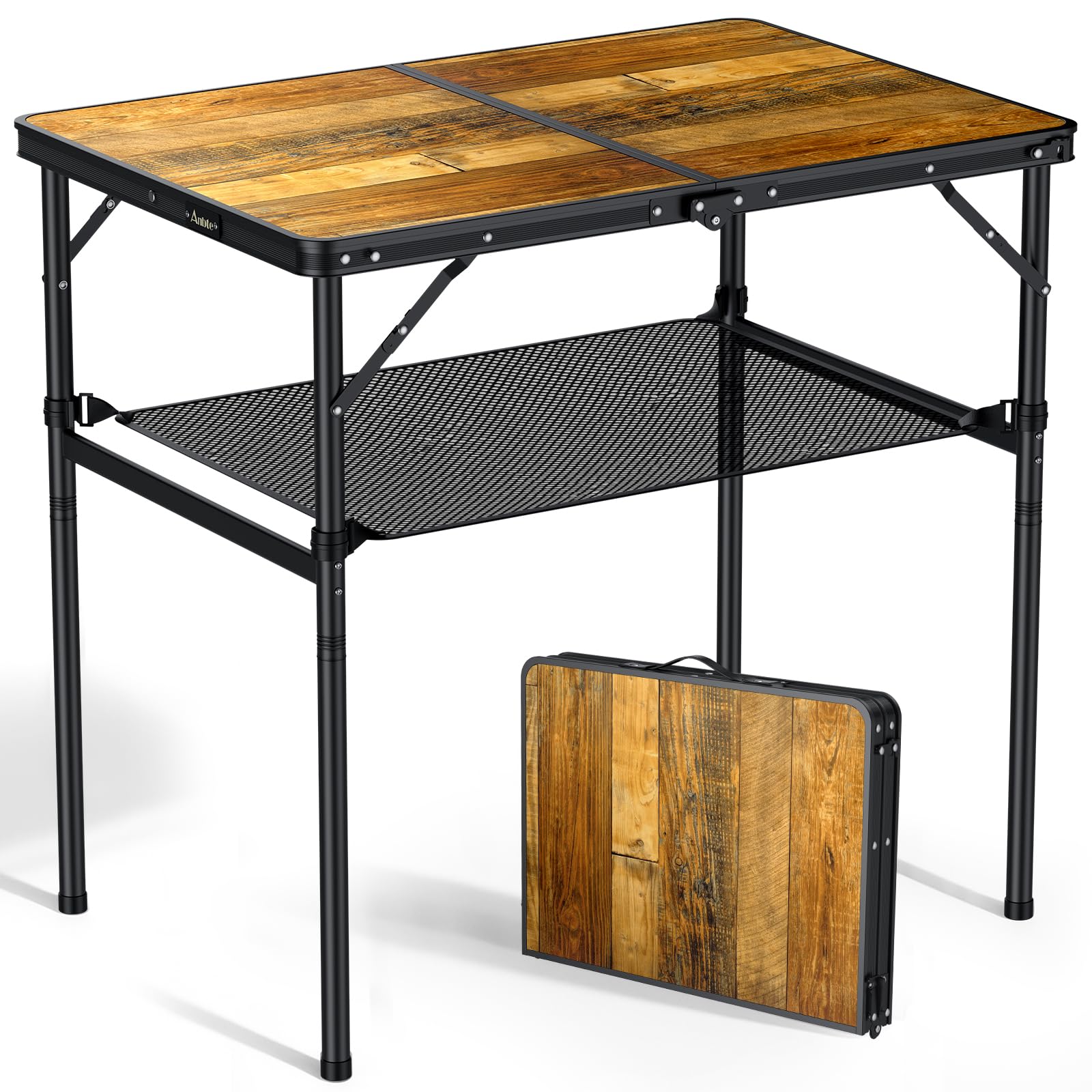 Anbte 3ft Folding Camping Table, 2 Adjustable Height 29.5", Rustic Brown