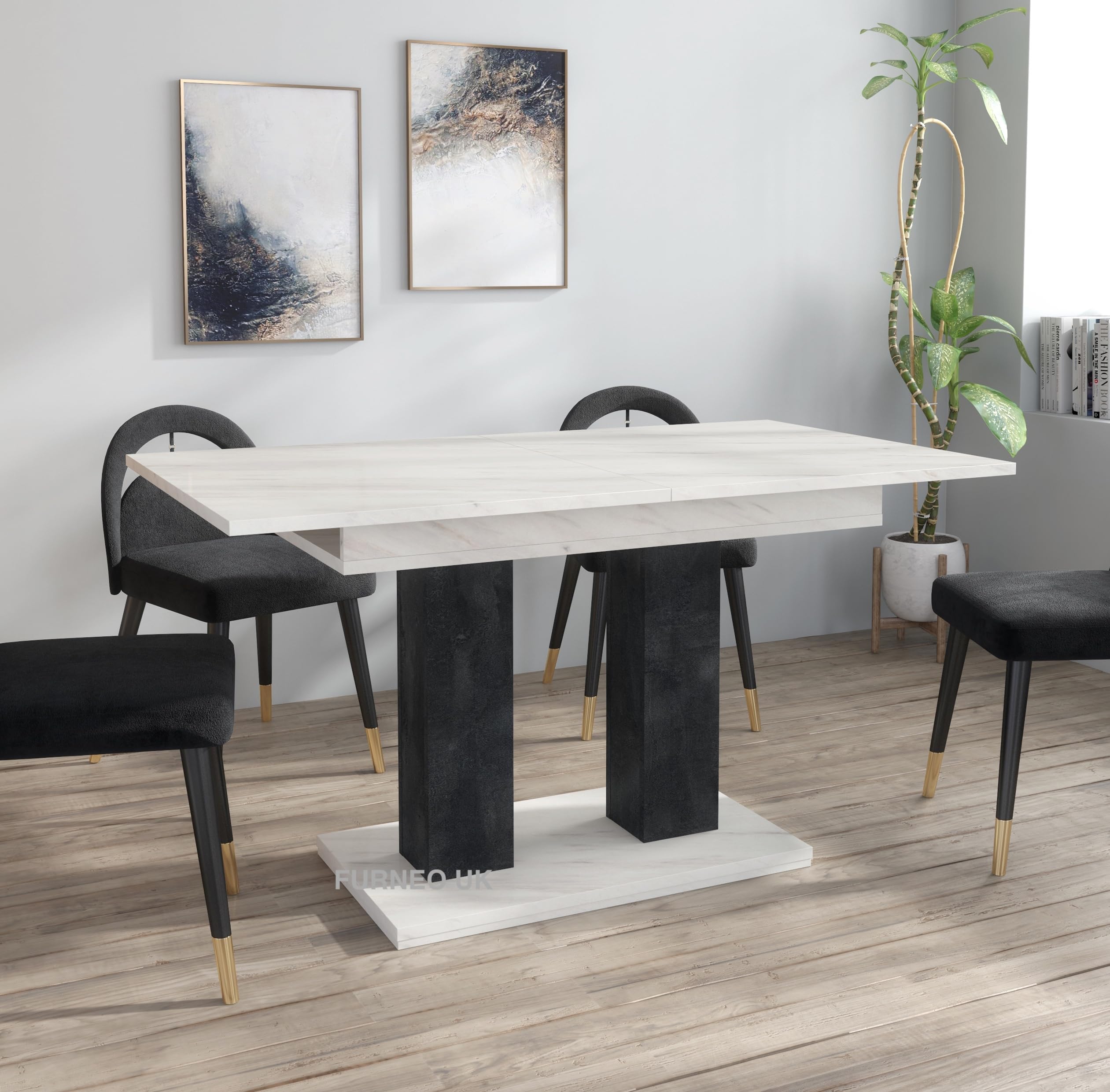 Furneo Theo 05 – Modern Extendable Dining Table, 140–180 cm, White Marble and Black Concrete Effect Finish