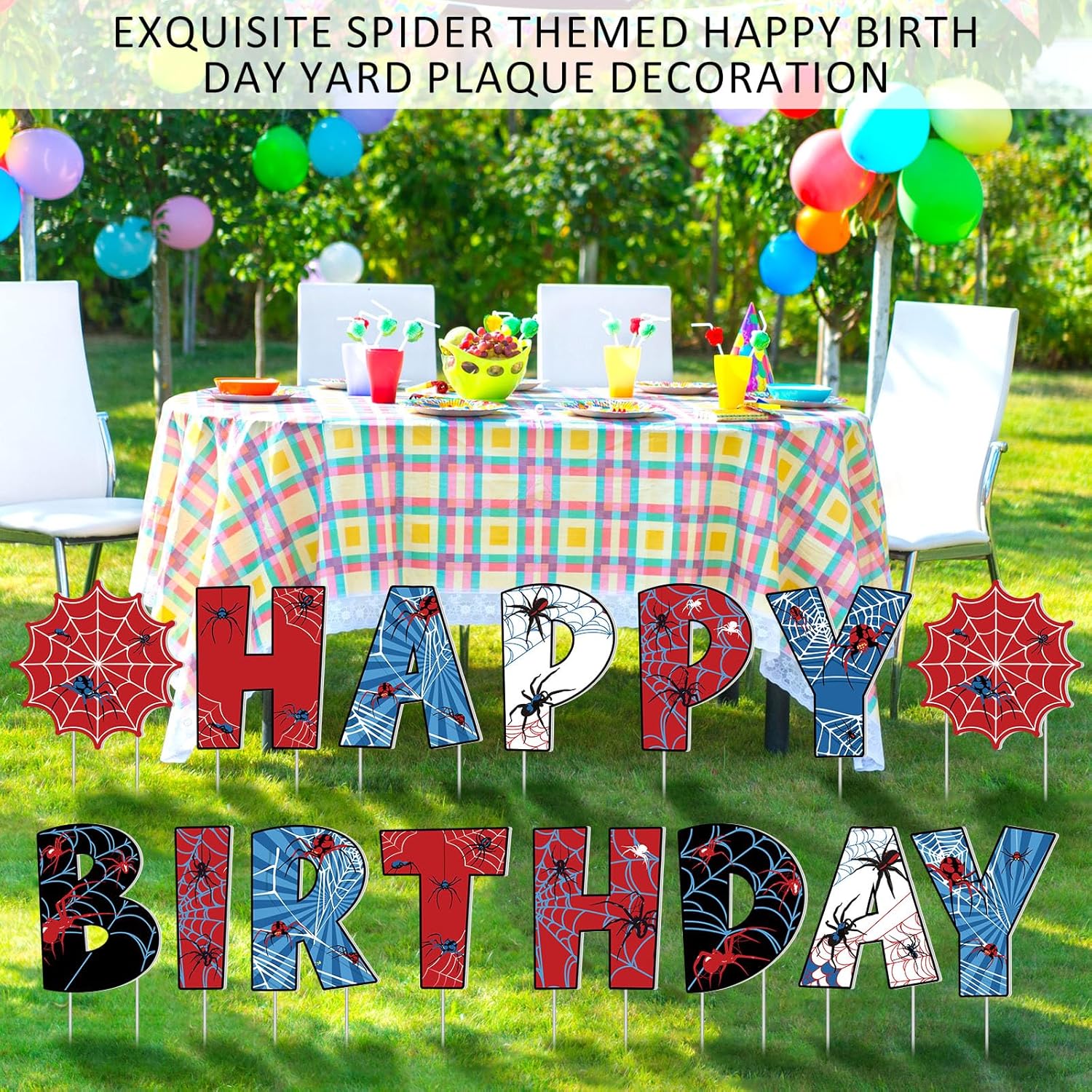 GlikCeil 15 Pcs Spider Happy Birthday Yard Signs with Metal Stakes Happy Birthday Letter Lawn Signs Spider Theme Party Favors Decorations for Outdoor Yard Lawn