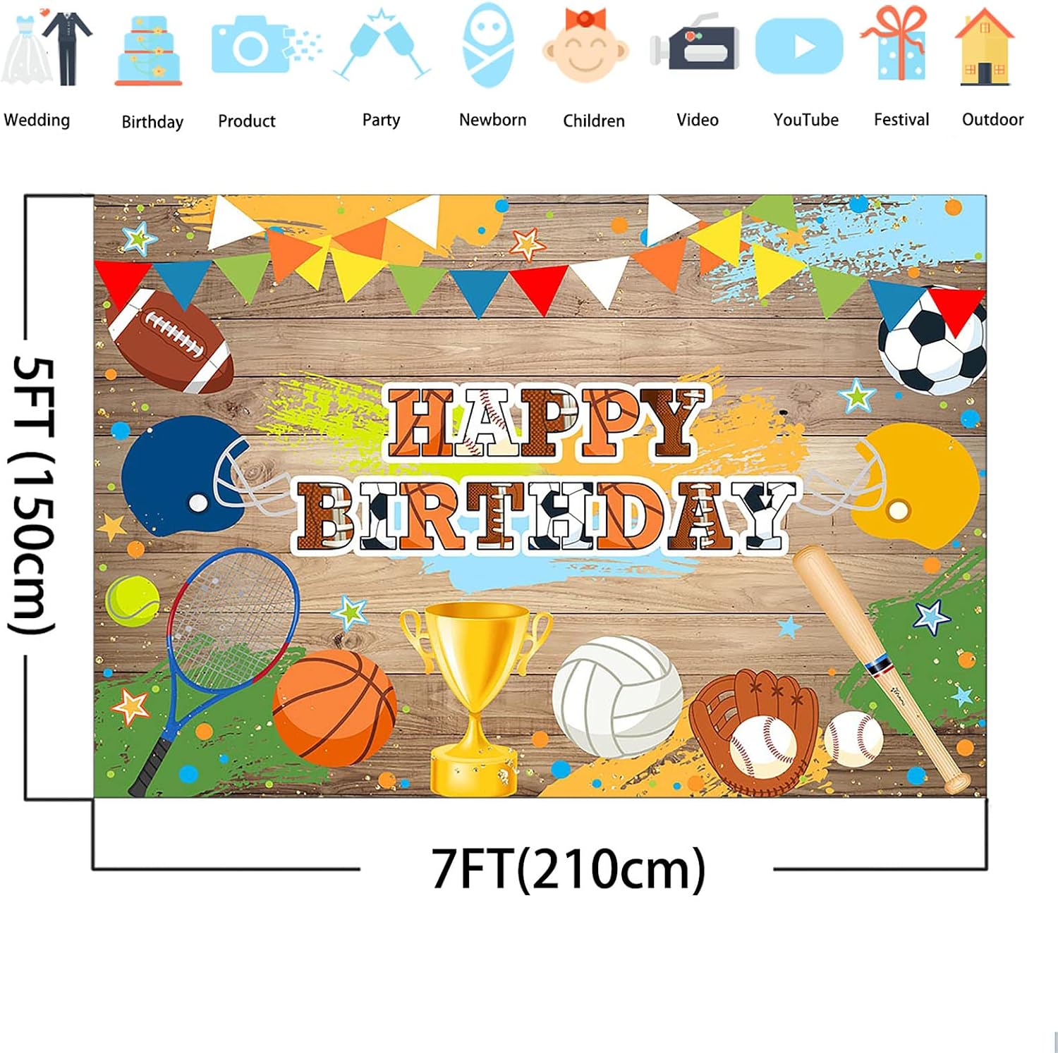 Avezano Baseball Birthday Backdrop Sports Rustic Wood Happy Birthday Party Decorations for Kids Colorful Paint Flag Background Cake Table Photo Booth Props (7x5ft)