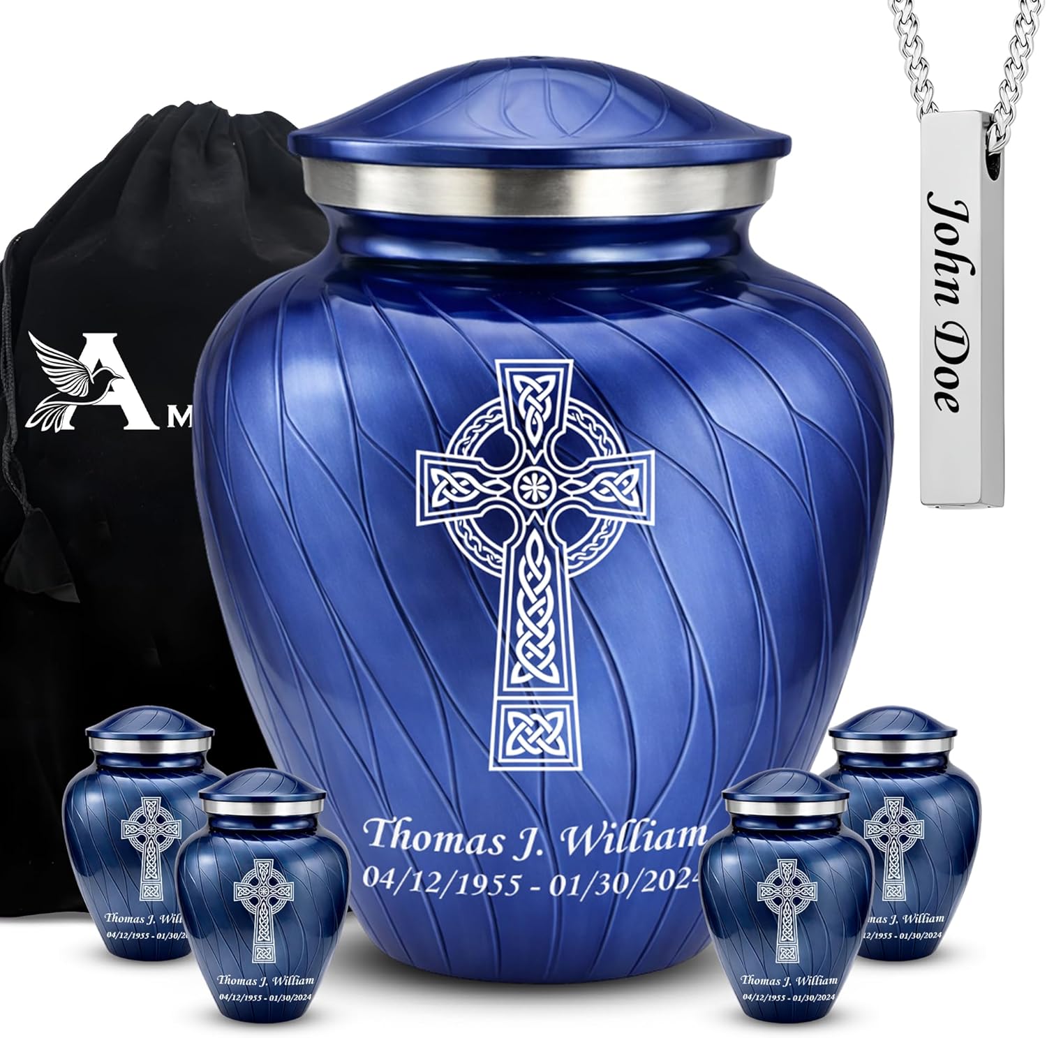 Set of 6 Serenity Custom/Personalized Engraved Decorative Urns for Human Ashes for Female and Male Includes 1 Large Urn with 4 Small Keepsakes & 1 Silver Necklace - Pearl Cobalt Blue Celtic Cross