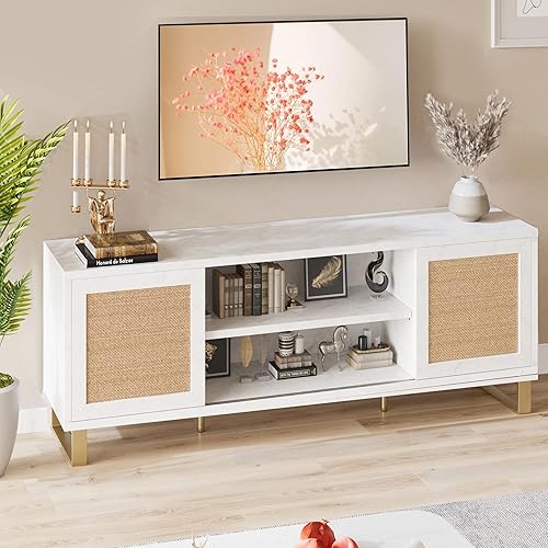 Amyove Soporte de TV para TV de 65 pulgadas centro de entretenimiento blanco mesa de consola de TV moderna soporte de TV de ratán con almacenamiento