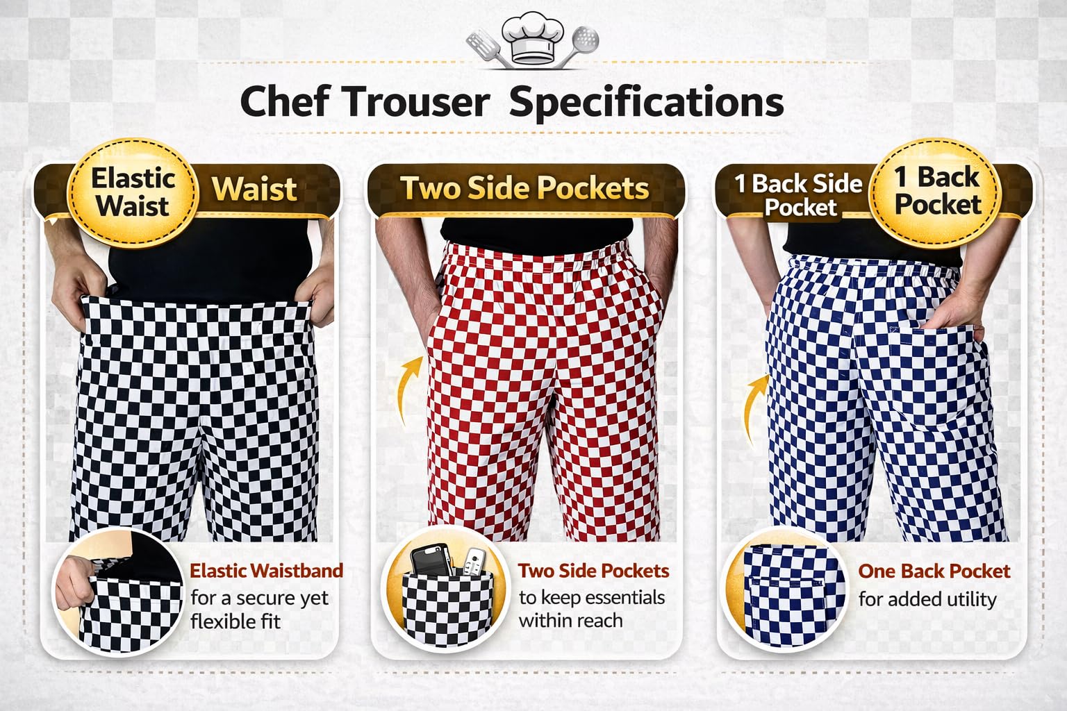 IBEX Pantalon de chef pour homme et femme - Pantalon de chef unisexe avec cordon de serrage - Pantalon de cuisine professionnel léger en polycoton (XS-5XL)