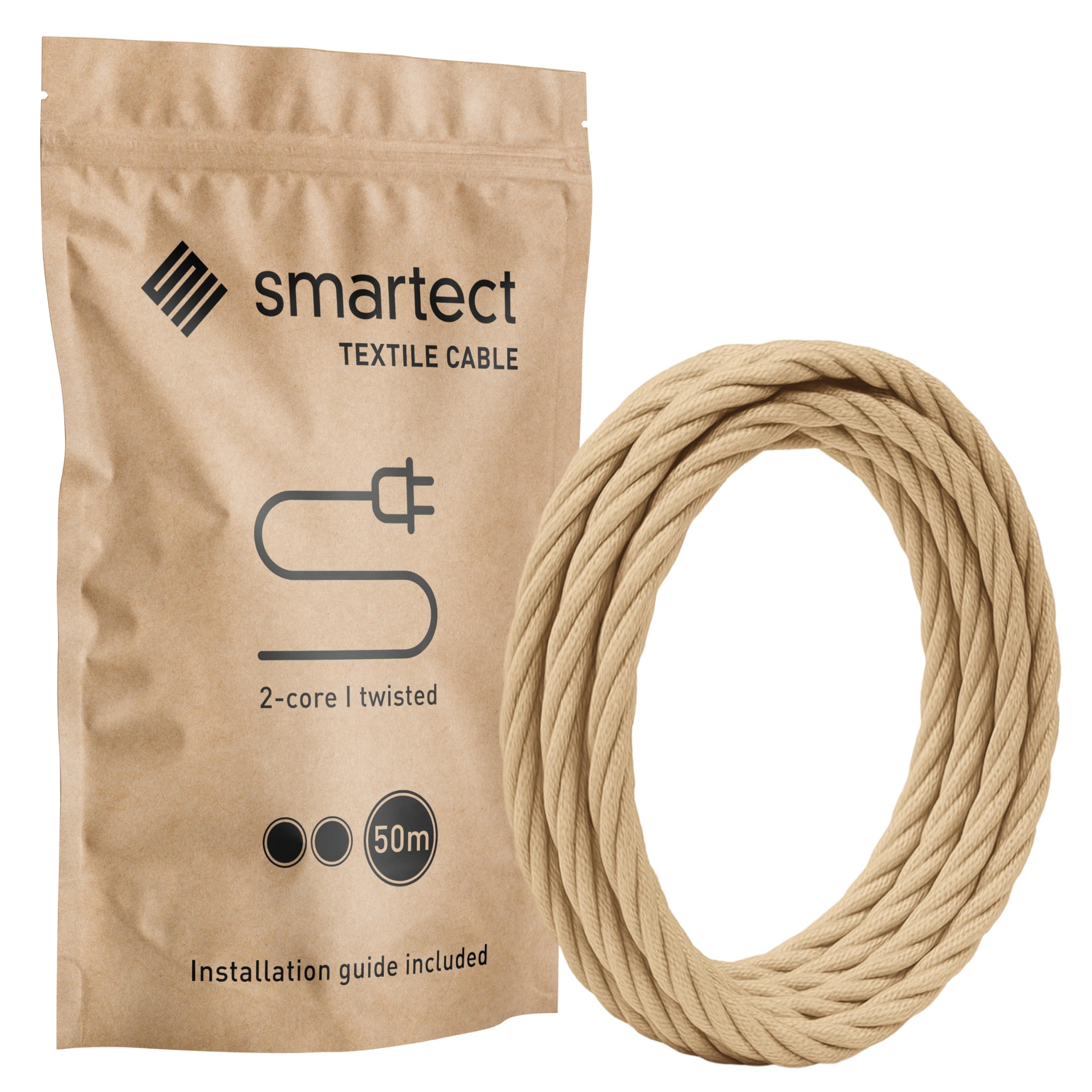 smartect Braided Cable twisted, Light Brown, 50 Metres 2 Core Electrical Cable (2 x 0.75mm²) Vintage Fabric Electrical Wire for your DIY project
